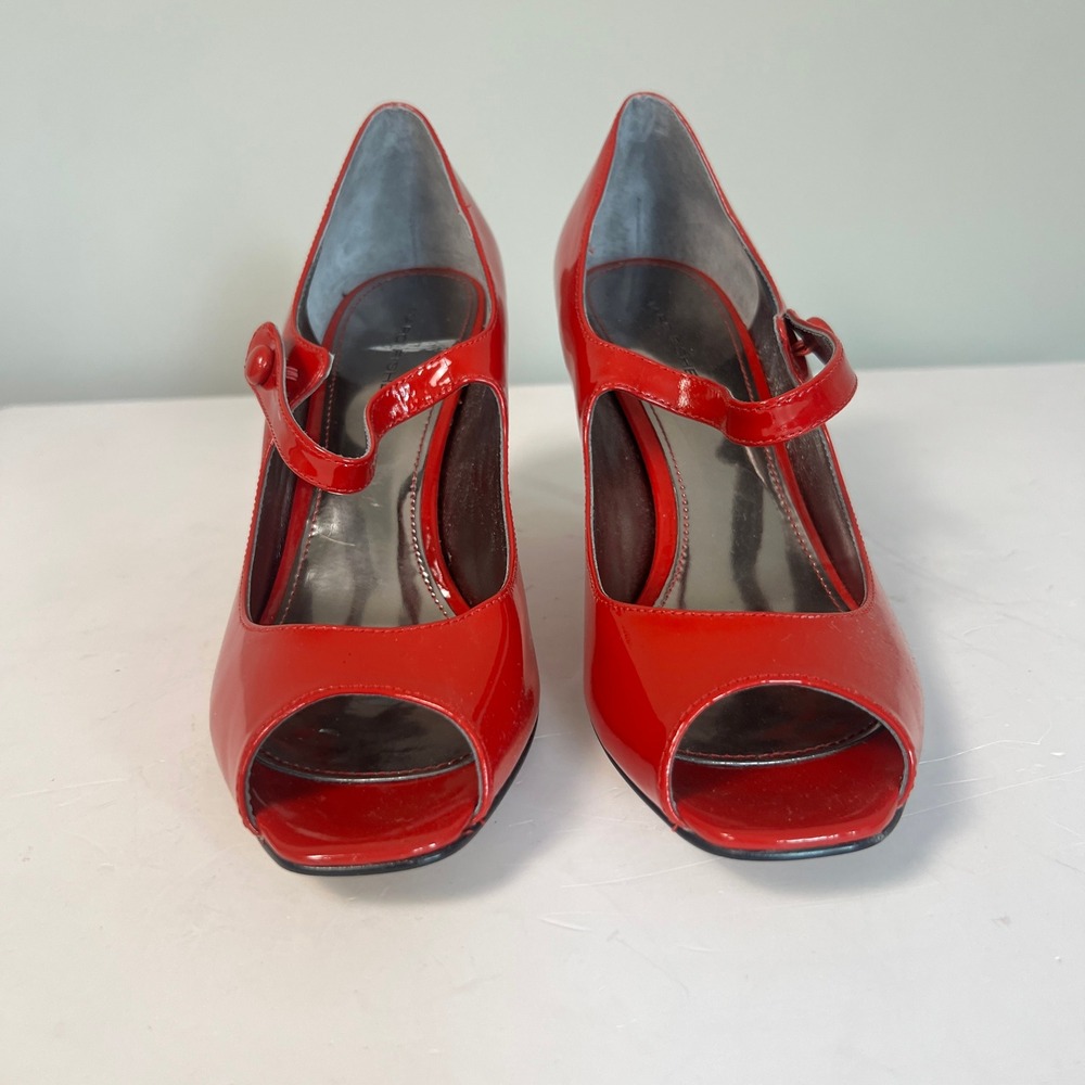 Marc Fisher Stiletto Heels Womens 8M Red Patent Peep Toe Strap Pumps Retro Shoes